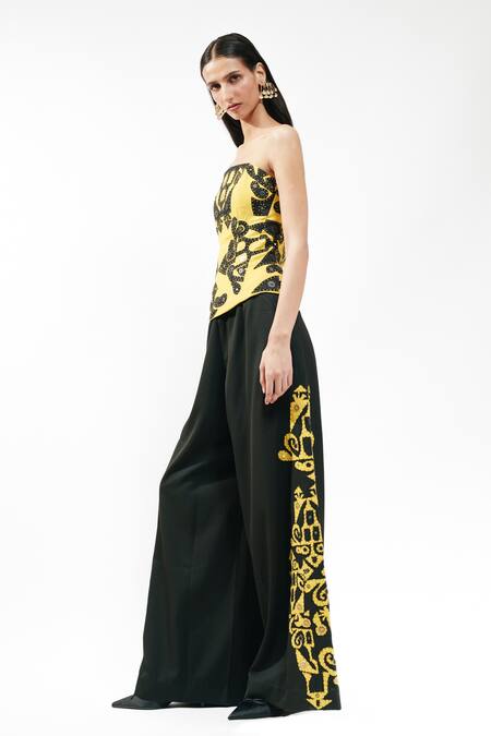 Buy_AK-OK_Mustard Viscose Sequins Bandeau Neck Embroidered Strapless Corset And Trouser Set _Online_at_Aza_Fashions