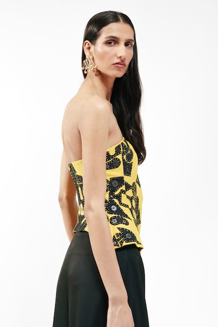 Shop_AK-OK_Mustard Viscose Sequins Bandeau Neck Embroidered Strapless Corset And Trouser Set _Online_at_Aza_Fashions