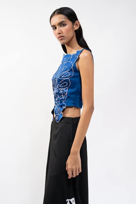 AK-OK_Blue Cotton Embroidery, Metallic Thread Boat Neck Cutwork Sleeveless Crop Top _Online_at_Aza_Fashions