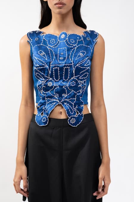 Buy_AK-OK_Blue Cotton Embroidery, Metallic Thread Boat Neck Cutwork Sleeveless Crop Top _Online_at_Aza_Fashions