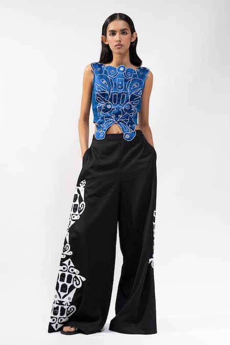 Shop_AK-OK_Blue Cotton Embroidery, Metallic Thread Boat Neck Cutwork Sleeveless Crop Top _Online_at_Aza_Fashions