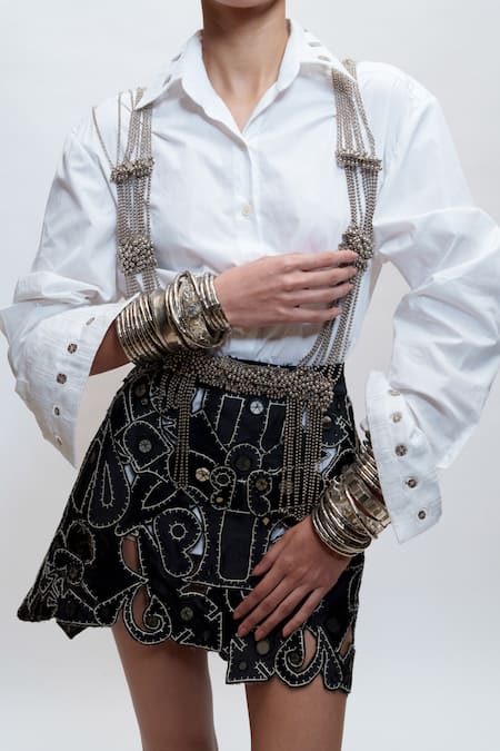 Buy_AK-OK_Black Silk Sequins, Mirrors, Metallic Thread Embroidered Scallop Hem Mini Skirt _Online_at_Aza_Fashions