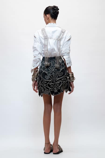 AK-OK Embroidered Silk Scallop Hem Mini Skirt