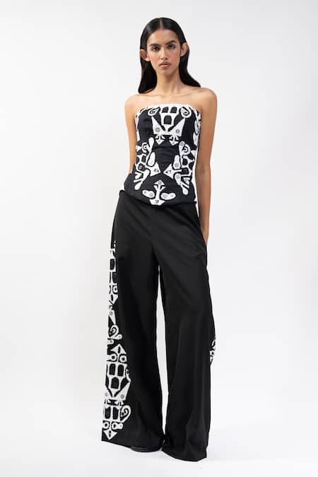 AK-OK_Black Viscose Sequins, Beads, Embroidery Corset And Wide Legged Trouser Set _Online_at_Aza_Fashions