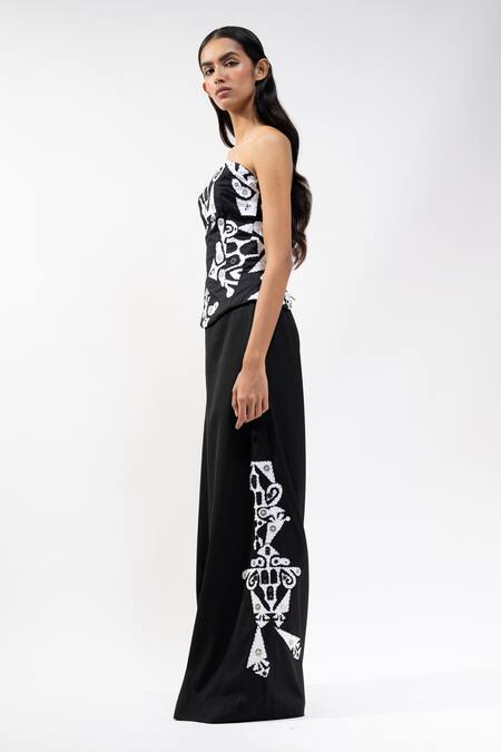 Buy_AK-OK_Black Viscose Sequins, Beads, Embroidery Corset And Wide Legged Trouser Set _Online_at_Aza_Fashions