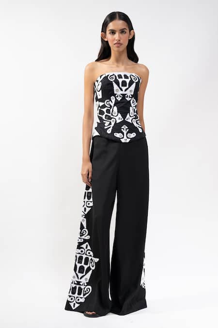 Shop_AK-OK_Black Viscose Sequins, Beads, Embroidery Corset And Wide Legged Trouser Set _Online_at_Aza_Fashions