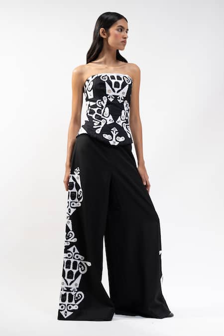 AK-OK_Black Viscose Sequins, Beads, Embroidery Corset And Wide Legged Trouser Set _at_Aza_Fashions