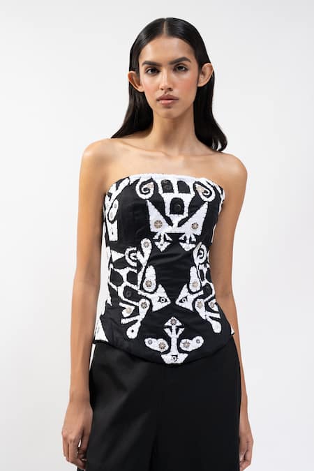 Buy_AK-OK_Black Viscose Sequins, Beads, Embroidery Corset And Wide Legged Trouser Set 