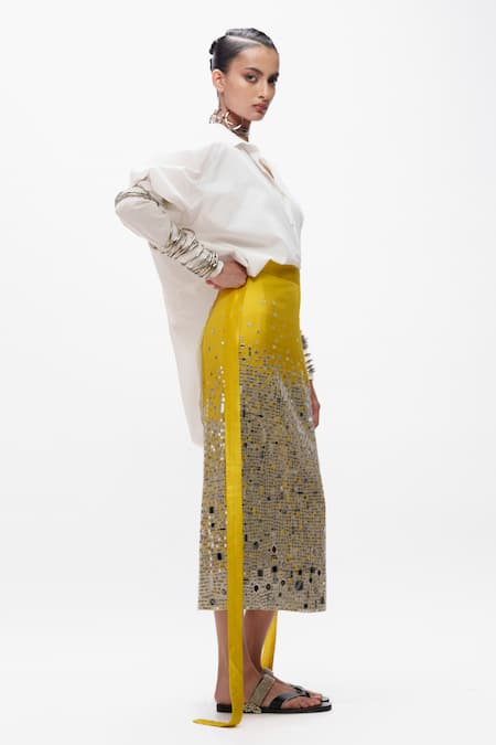 AK-OK_Yellow Cotton Mirrors, Sequins Embellished Slit Skirt _Online_at_Aza_Fashions
