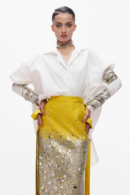 Buy_AK-OK_Yellow Cotton Mirrors, Sequins Embellished Slit Skirt _Online_at_Aza_Fashions