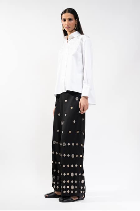 AK-OK_Black Viscose Mirrors Circle Applique Trouser _Online_at_Aza_Fashions