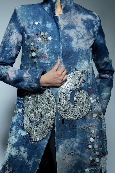 AK-OK_Blue Denim Mirrors, Studs Tie-dye Long Coat _Online_at_Aza_Fashions