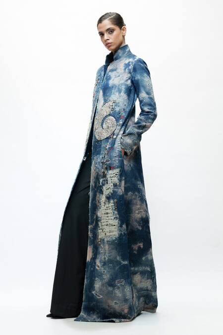 Buy_AK-OK_Blue Denim Mirrors, Studs Tie-dye Long Coat _Online_at_Aza_Fashions