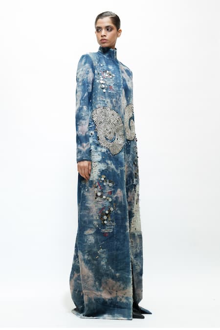 Shop_AK-OK_Blue Denim Mirrors, Studs Tie-dye Long Coat _Online_at_Aza_Fashions