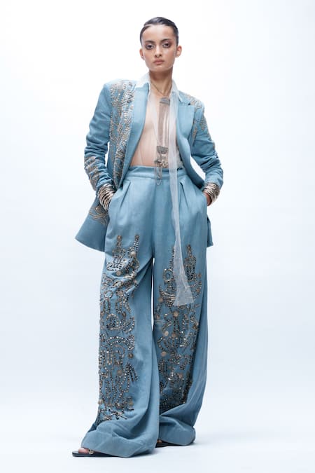 Buy_AK-OK_Blue Denim Beads, Sequins, Studs, Metallic Embellished Blazer And Trouser Set _Online_at_Aza_Fashions