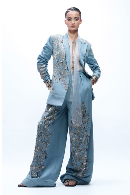 AK-OK_Blue Denim Beads, Sequins, Studs, Metallic Embellished Blazer And Trouser Set _at_Aza_Fashions