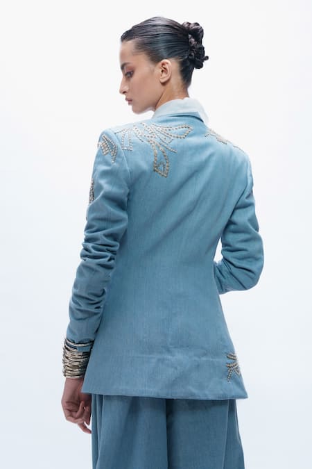 AK-OK Embellished Denim Blazer & Trouser Set