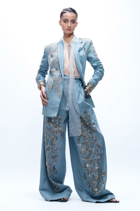 AK-OK Embellished Denim Blazer & Trouser Set