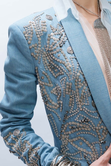 Buy_AK-OK_Blue Denim Beads, Sequins, Studs, Metallic Embellished Blazer And Trouser Set 