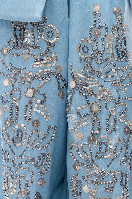 Shop_AK-OK_Blue Denim Beads, Sequins, Studs, Metallic Embellished Blazer And Trouser Set 
