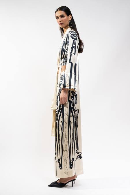 AK-OK_Ivory Silk V-neck Printed Habutai Kimono Top And Trouser Set _Online_at_Aza_Fashions