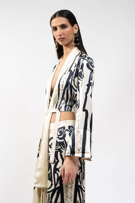 Shop_AK-OK_Ivory Silk V-neck Printed Habutai Kimono Top And Trouser Set _Online_at_Aza_Fashions