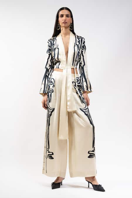 AK-OK Printed Silk Habutai Kimono Top & Trouser Set