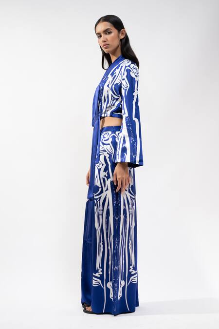AK-OK_Blue Silk V-neck Abstract Printed Crop Top And Trouser Set _Online_at_Aza_Fashions