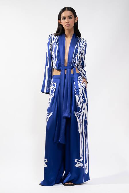 Buy_AK-OK_Blue Silk V-neck Abstract Printed Crop Top And Trouser Set _Online_at_Aza_Fashions