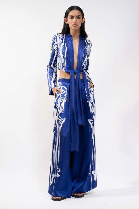 Shop_AK-OK_Blue Silk V-neck Abstract Printed Crop Top And Trouser Set _Online_at_Aza_Fashions