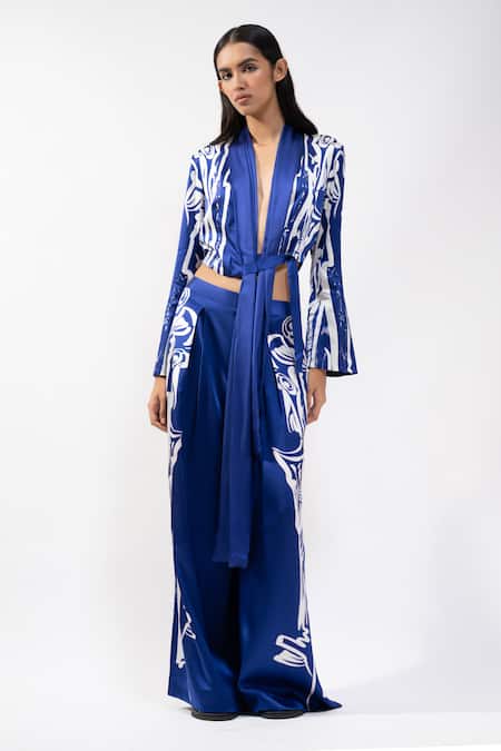 AK-OK Abstract Printed Crop Top & Trouser Set