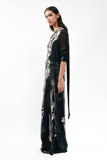 AK-OK_Black Silk V-neck Printed Kurta With Inner Top And Trouser Set _Online_at_Aza_Fashions