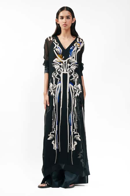 Buy_AK-OK_Black Silk V-neck Printed Kurta With Inner Top And Trouser Set _Online_at_Aza_Fashions