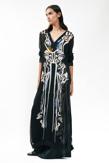 Shop_AK-OK_Black Silk V-neck Printed Kurta With Inner Top And Trouser Set _Online_at_Aza_Fashions