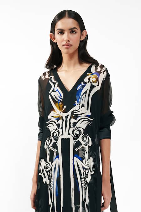 AK-OK_Black Silk V-neck Printed Kurta With Inner Top And Trouser Set _at_Aza_Fashions