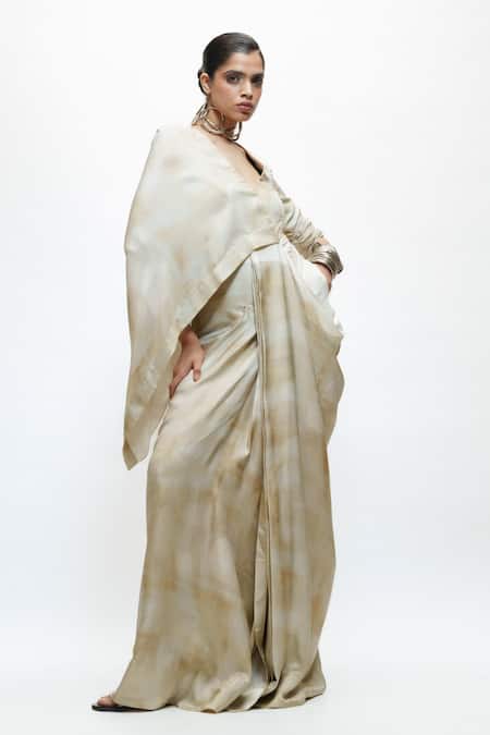 AK-OK_Ivory Silk V-neck Abstract Print Draped Dress _Online_at_Aza_Fashions