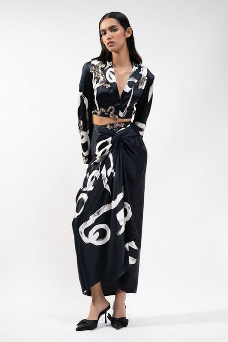 AK-OK_Black Silk Sequins, Embroidery V-neck Abstract Print Jacket And Draped Skirt Set _Online_at_Aza_Fashions