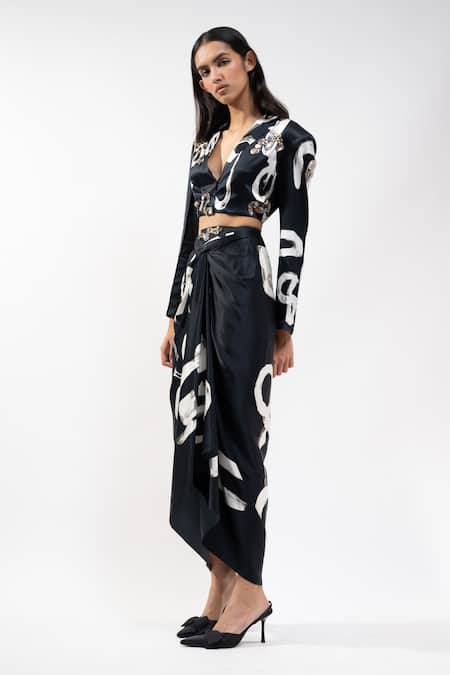 Buy_AK-OK_Black Silk Sequins, Embroidery V-neck Abstract Print Jacket And Draped Skirt Set _Online_at_Aza_Fashions