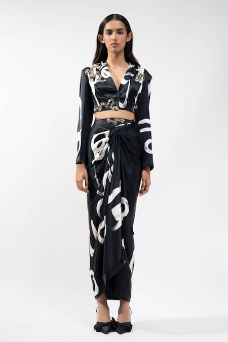 Shop_AK-OK_Black Silk Sequins, Embroidery V-neck Abstract Print Jacket And Draped Skirt Set _Online_at_Aza_Fashions