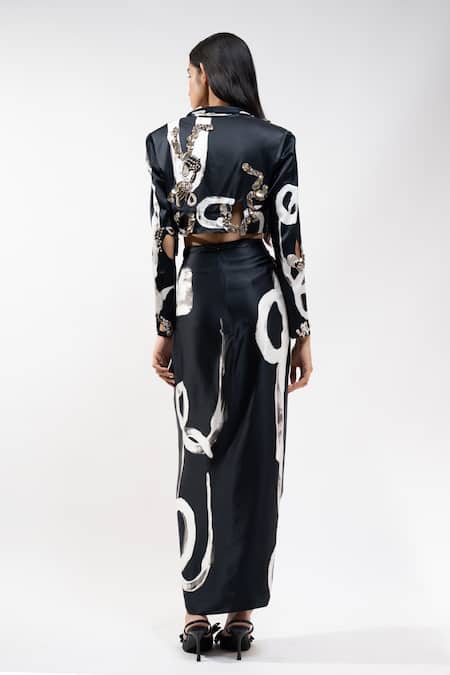 AK-OK Abstract Print Jacket & Draped Skirt Set