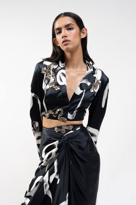 AK-OK_Black Silk Sequins, Embroidery V-neck Abstract Print Jacket And Draped Skirt Set _at_Aza_Fashions