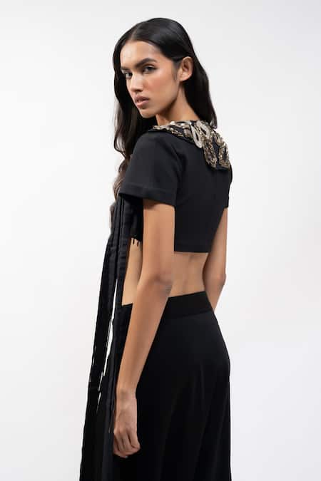 Buy_AK-OK_Black Viscose Sequins, Beads, Embroidered Crop Top And Pleated Trouser Set _Online_at_Aza_Fashions