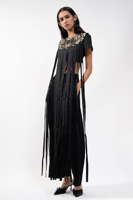 Shop_AK-OK_Black Viscose Sequins, Beads, Embroidered Crop Top And Pleated Trouser Set _Online_at_Aza_Fashions