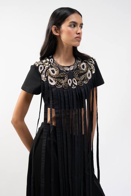 AK-OK_Black Viscose Sequins, Beads, Embroidered Crop Top And Pleated Trouser Set _at_Aza_Fashions