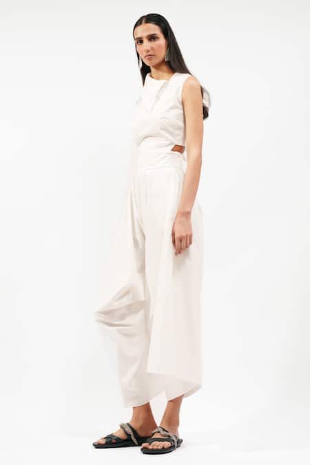 AK-OK_White Cotton High Neck, Asymmetric Collar Cut-out Top And Trouser Set _Online_at_Aza_Fashions