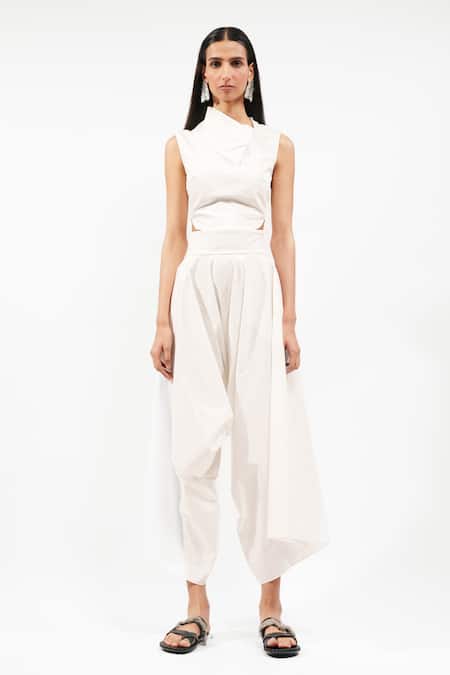 Buy_AK-OK_White Cotton High Neck, Asymmetric Collar Cut-out Top And Trouser Set _Online_at_Aza_Fashions