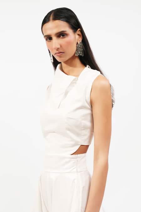 Shop_AK-OK_White Cotton High Neck, Asymmetric Collar Cut-out Top And Trouser Set _Online_at_Aza_Fashions