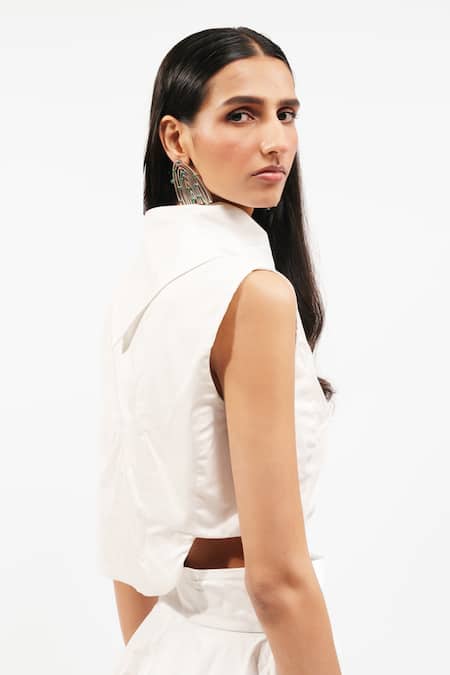 AK-OK_White Cotton High Neck, Asymmetric Collar Cut-out Top And Trouser Set _at_Aza_Fashions