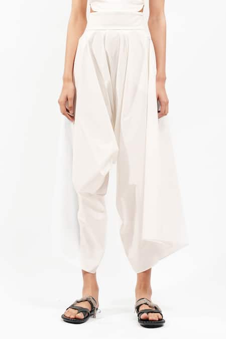 Buy_AK-OK_White Cotton High Neck, Asymmetric Collar Cut-out Top And Trouser Set 