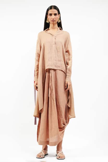 AK-OK_Brown Linen Collared Asymmetrical Shirt And Draped Skirt Set _Online_at_Aza_Fashions